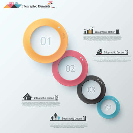 Modern infographic option banner with realistic colorful circles with shadows. Vector. Can be used for web design and  workflow layoutのイラスト素材