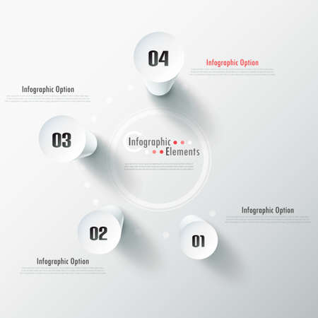 Modern infographic options banner with white cylinders on grey background. Vector. Can be used for web design and  workflow layoutのイラスト素材