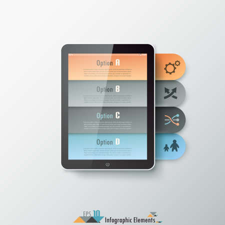 Modern infographics options banner with tablet and colorful ribbons. Vector. Can be used for web design and  workflow layoutのイラスト素材