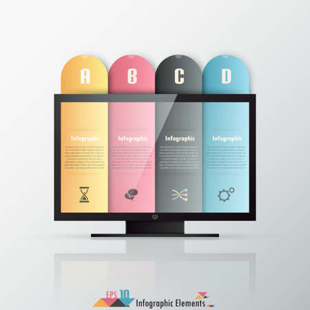 Modern infographics options banner with monitor and colorful ribbons. Vector. Can be used for web design and  workflow layoutのイラスト素材
