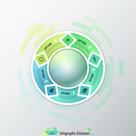 Modern infographics options banner with 5-part ribbon around realistic ball. Vector. Can be used for web design and  workflow layoutのイラスト素材