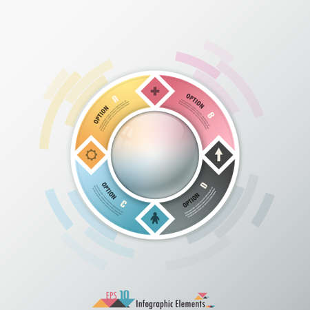 Modern infographics options banner with 4-part ribbon around realistic ball. Vector. Can be used for web design and  workflow layoutのイラスト素材