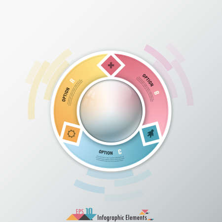 Modern infographics options banner with 3-part ribbon around realistic ball. Vector. Can be used for web design and  workflow layoutのイラスト素材