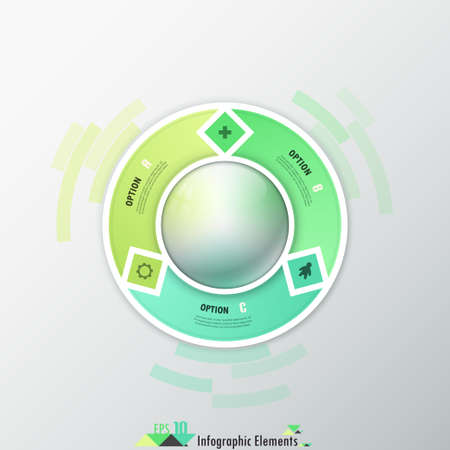Modern infographics options banner with 3-part ribbon around realistic ball. Vector. Can be used for web design and  workflow layoutのイラスト素材