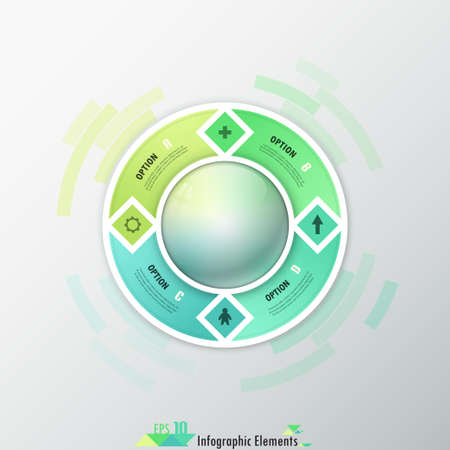 Modern infographics options banner with 4-part ribbon around realistic ball. Vector. Can be used for web design and  workflow layoutのイラスト素材