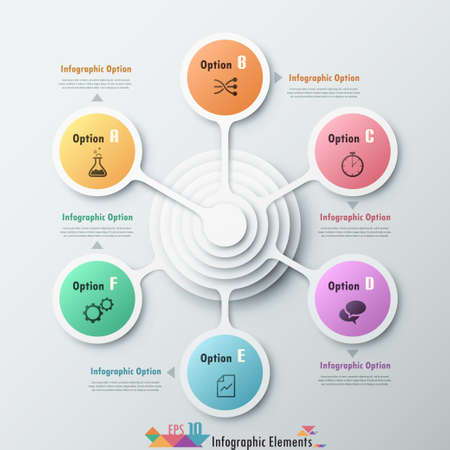 Modern infographic option banner with abstract round shapes for 6 options. Vector. Can be used for web design and  workflow layoutのイラスト素材