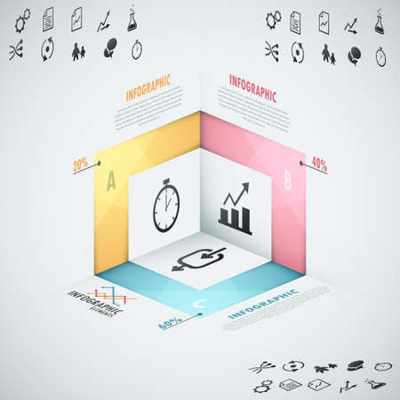 Modern infographics options banner with realistic 3d shapes on grey background, icons and text. Vector. Can be used for web design and  workflow layoutのイラスト素材