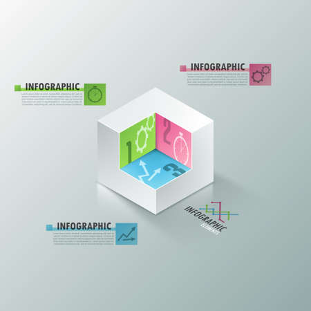 Modern infographics options banner with realistic white cube with cropped center for three options. Vector. Can be used for web design and  workflow layoutのイラスト素材