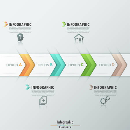 Modern infographics options banner with realistic colorful ribbon divided into 4 steps and icons. Vector. Can be used for web design and  workflow layoutのイラスト素材