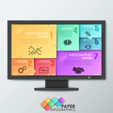 Modern infographics options banner with monitor made of colorful sheets. Vector. Can be used for web design and  workflow layoutのイラスト素材