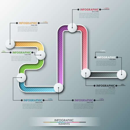Modern infographics timeline template with realistic colorful ribbon divided into 7 steps and icons. Vector. Can be used for web design and  workflow layoutのイラスト素材
