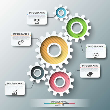 Modern infographic options banner with color gear chain. Vector. Can be used for web design and workflow layoutのイラスト素材