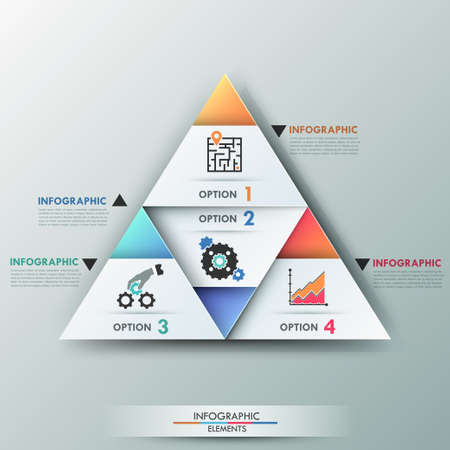 3d modern infographics options banner with 4 white and color paper triangles on grey background....