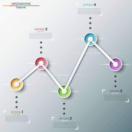Modern infographics timeline template with realistic colorful paper circles for 5 steps and icons. Vector. Can be used for web design and  workflow layoutのイラスト素材