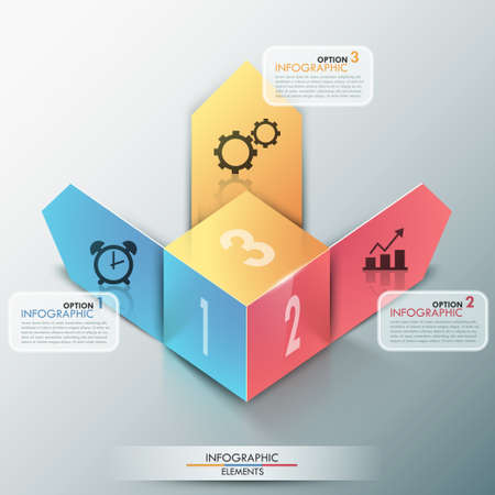 3d modern infographics options banner with realistic colorful cube and paper arrows for 3 options, text and icons. Vector. Can be used for web design and workflow layout.のイラスト素材