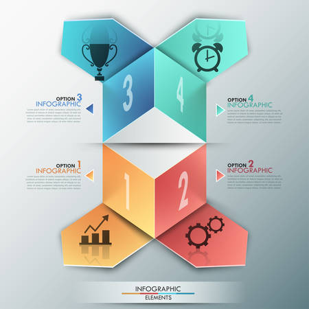 3d abstract infographic template with realistic colorful cubes and paper arrows for 4 options, icons and editable text. Vector. Can be used for web design and workflow layout.のイラスト素材