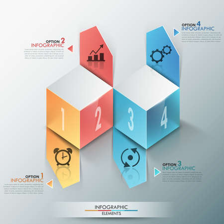Modern infographics process template with realistic colorful cubes and paper arrows for 4 options, icons and editable text. Vector. Can be used for web design and workflow layout.のイラスト素材