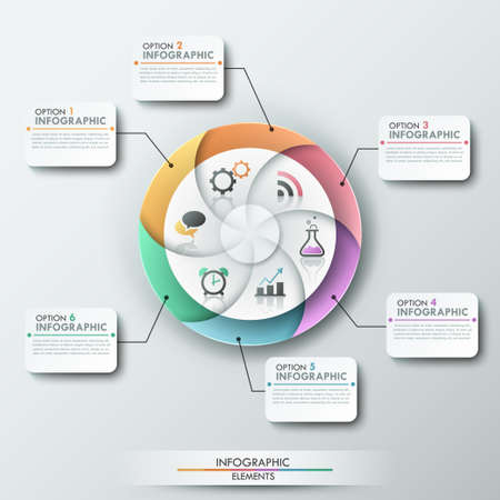 Modern infographics options banner with 6-part pie chart and icons. Vector. Can be used for web design and  workflow layoutのイラスト素材
