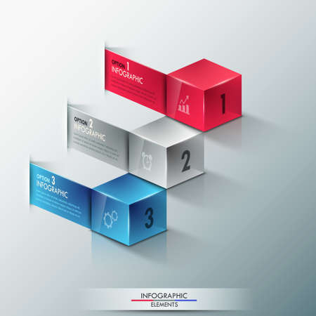 Modern infographics options banner with realistic colorful cubes and ribbons for 3 options. Vector. Can be used for web design and  workflow layoutのイラスト素材