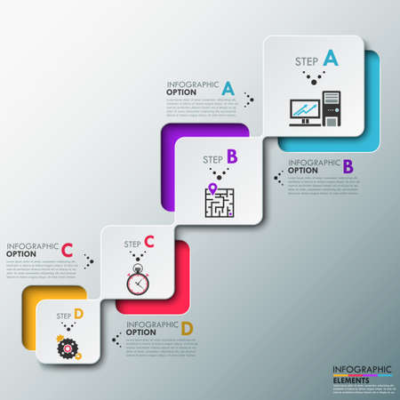 Modern infographics process template with paper sheets (rectangles with rounded corners), icons and text for 4 options. Vector. Can be used for web design and workflow layoutのイラスト素材