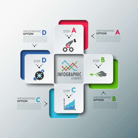 Modern infographics options template with paper sheets (rectangles with rounded corners), icons and text for 4 options. Vector. Can be used for web design and workflow layoutのイラスト素材