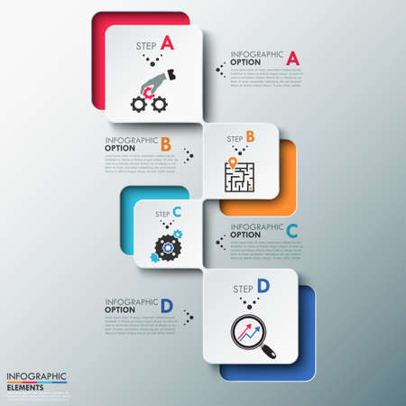 Modern infographics process template with paper sheets (rectangles with rounded corners), icons and text for 4 options. Vector. Can be used for web design and workflow layoutのイラスト素材