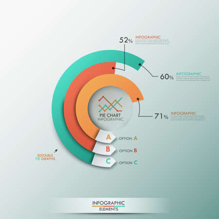Modern infographics options template with 3 pie charts. Vector. Can be used for web design and  workflow layoutのイラスト素材