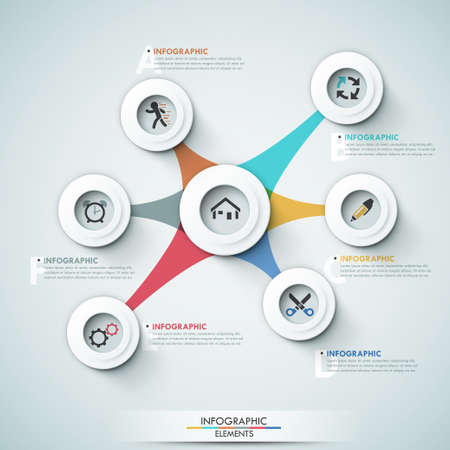 3d modern infographic options template with white circle shapes for 7 options.のイラスト素材