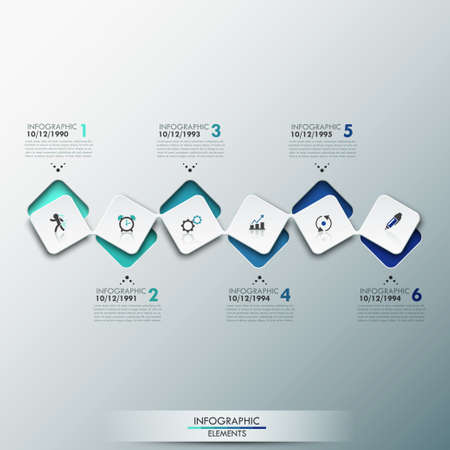 Modern infographics process template with paper sheets rectangles with rounded corners, icons and text for 6 steps.のイラスト素材