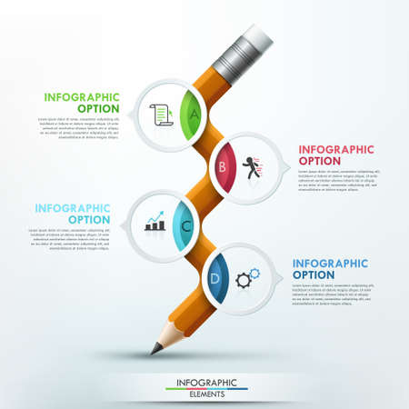 Modern infographic template with curved pencil and 4 circles on it. のイラスト素材