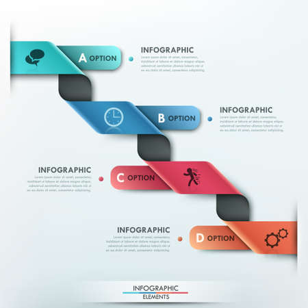 Modern infographics options banner with 4 part curved paper ribbon and icons on bright background.のイラスト素材