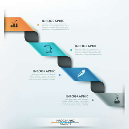 Modern infographics options banner with 4 part curved paper ribbon and icons on bright background. のイラスト素材