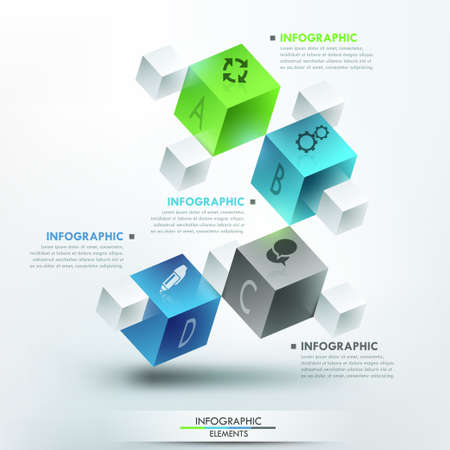 Modern infographics options template with 4 realistic colorful cubes and 4 options, icons and editable text on bright background.のイラスト素材