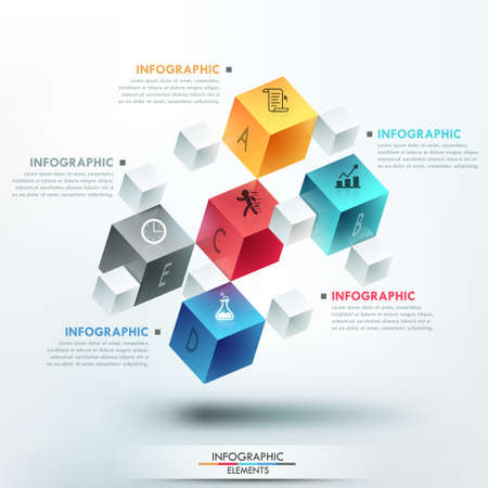 Modern infographics options template with 5 realistic colorful cubes and 4 options, icons and editable text on bright background. のイラスト素材