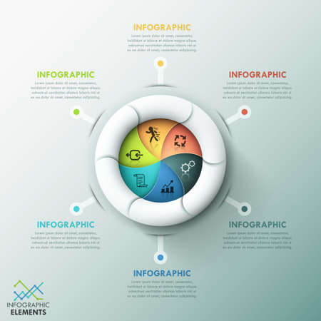 Modern infographics options banner with 6-options spiral paper pie chart and icons. Vector. Can be used for web design and  workflow layoutのイラスト素材