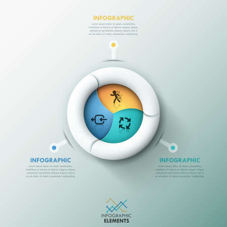 Modern infographics options banner with 3-options spiral paper pie chart and icons. Vector. Can be used for web design and  workflow layoutのイラスト素材