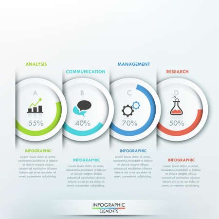 Modern infographics template with 4 paper circles, pie charts and icons on grey background. Vector. Can be used for web design and  workflow layoutのイラスト素材
