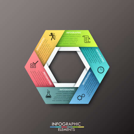 Modern infographics process template with polygon shape made of 6 colorful ribbons on dark background. Vector. Can be used for web design and workflow layoutのイラスト素材