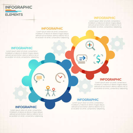 Modern infographics options banner with colorful gears in outline style. Vector. Can be used for web design and  workflow layoutのイラスト素材