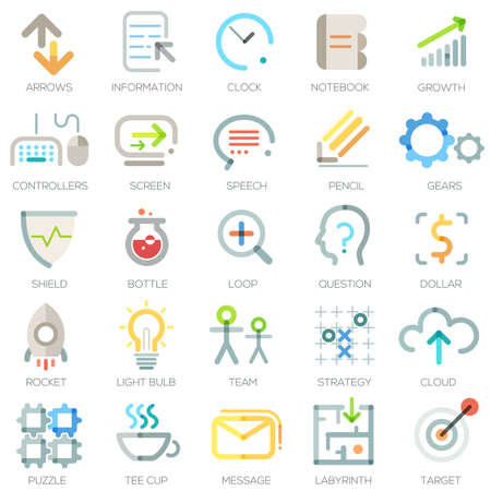Set of 25 minimal business icons in outline style. Vector. Can be used for web design, workflow layout and infographicのイラスト素材