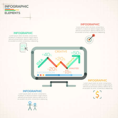 Modern infographics options banner with colorful monitor in outline style. Vector. Can be used for web design and  workflow layoutのイラスト素材