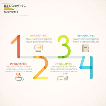 Minimal infographics timeline template with path and outline numbers for 4 steps, icons and text. Vector. Can be used for web design and  workflow layoutのイラスト素材