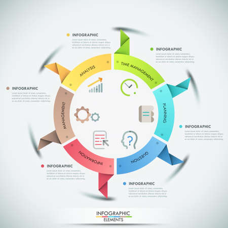 Modern infographics options banner with 6 rounded ribbons and icons. Vector. Can be used for web design and  workflow layoutのイラスト素材