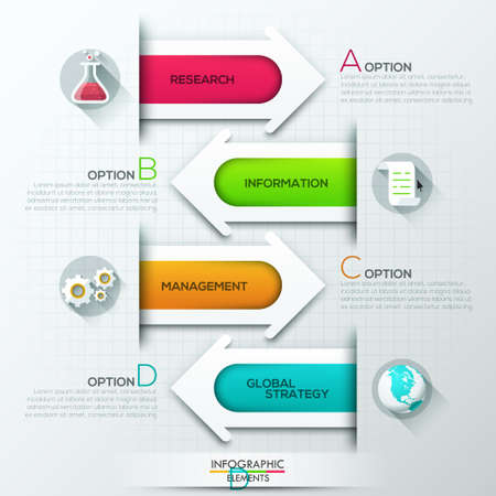 Modern infographics options banner with 4 colorful paper arrows and flat icons. Vector. Can be used for web design and  workflow layoutのイラスト素材