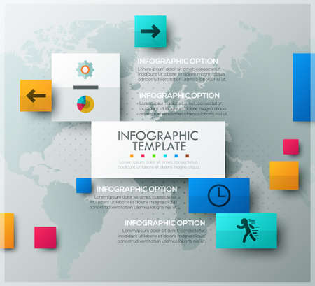 Modern infographic option template with colorful paper rectangles, icons and map on grey background. Vector. Can be used for web design and  workflow layoutのイラスト素材