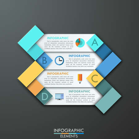 Modern infographics options with 4  arrows made of colorful paper rectangles and flat icons. Can be used for web design and  workflow layoutのイラスト素材