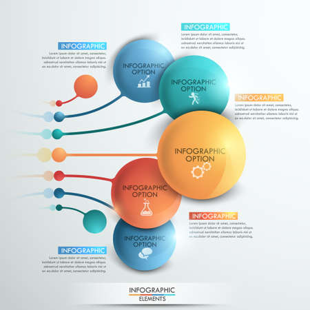 Modern infographics options banner with 5 colorful spheres and icons. Vector. Can be used for web design and  workflow layoutのイラスト素材