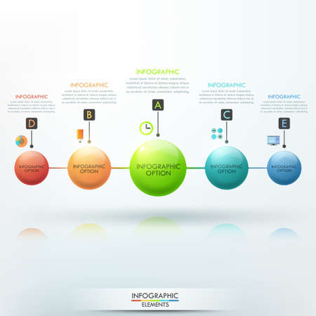 Modern infographics options template with 5 connected colorful spheres and icons. Vector. Can be used for web design and  workflow layoutのイラスト素材