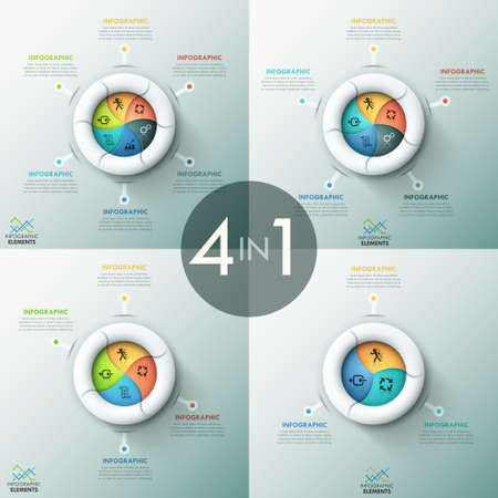 Set of 4 modern infographics options banner with spiral pie charts and icons. Vector. Can be used for web design and  workflow layoutのイラスト素材