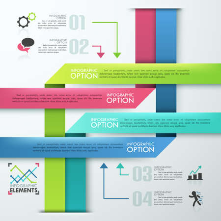 Modern infographics options banner with colorful paper ribbons and icons on grey background. Vector. Can be used for workflow layout, banner, diagram, number options, web designのイラスト素材